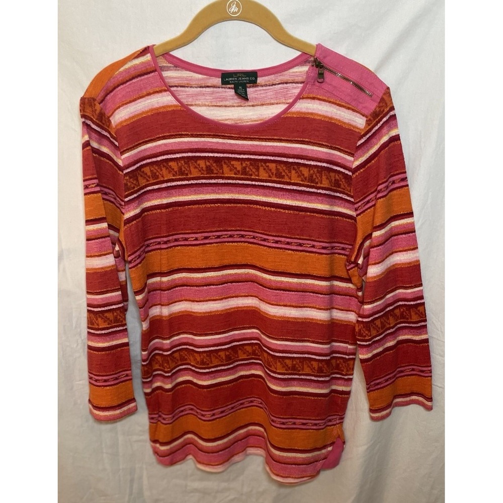 LRL Lauren Jeans Co Womens Shirt Orange Pink Red Stripes3/4 SleevesXLWork Casual